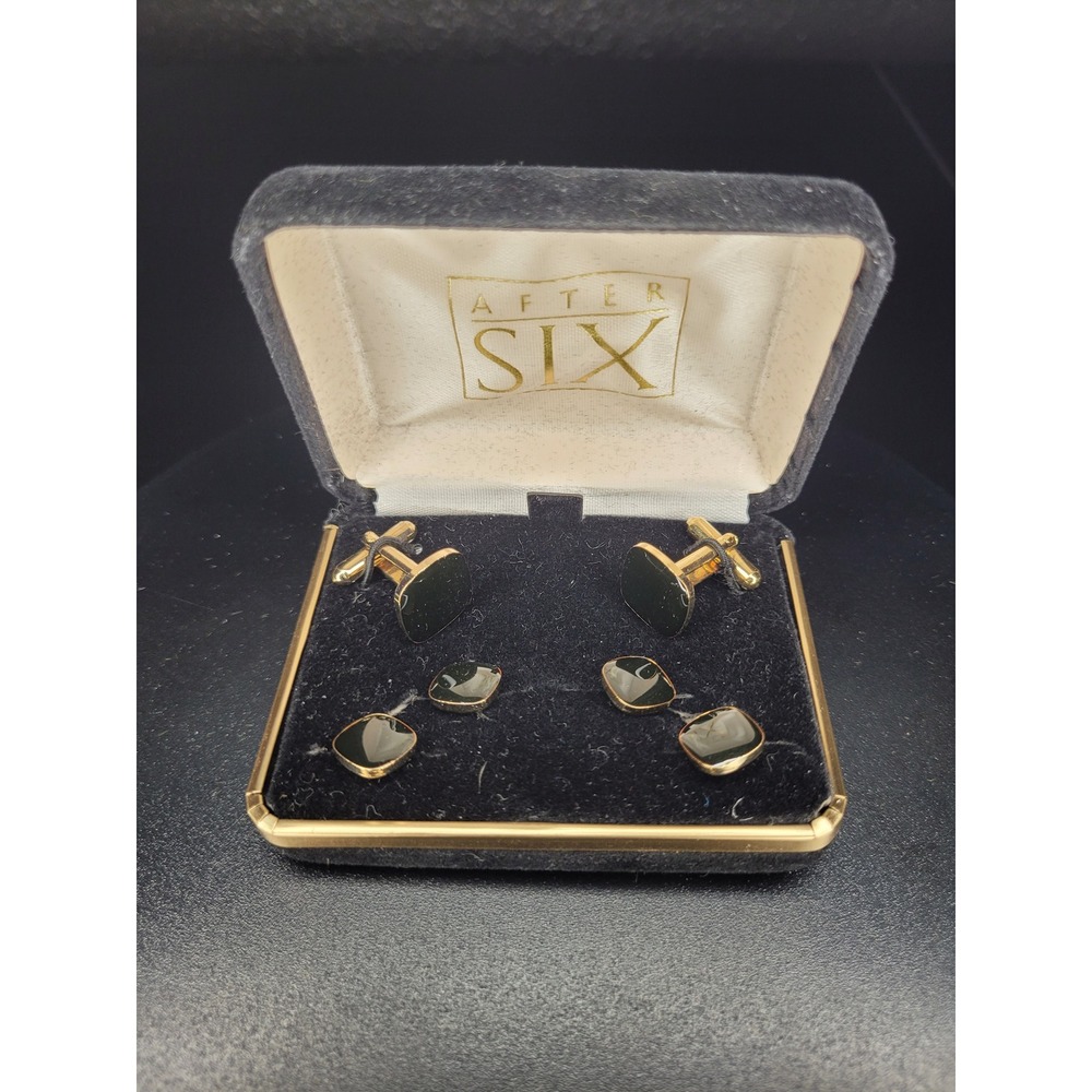 After Six Cufflink and Shirt Stud Set Gold Tone Black Square Inlay with Box